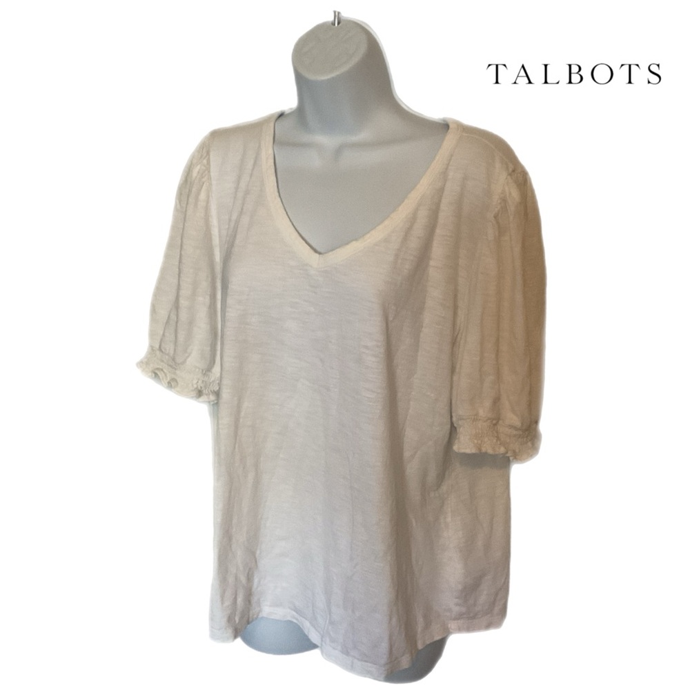 TALBOTS XLp Women's Off White V-Neck Dressy TEE Soft  Feminine Cotton Blend